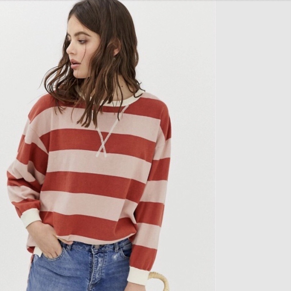 Free People Oversized Striped Cotton Sweater Red Pink Cream XS/S OB768455